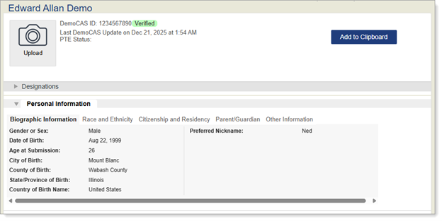 WebAdMIT screenshot, with applicant name visible