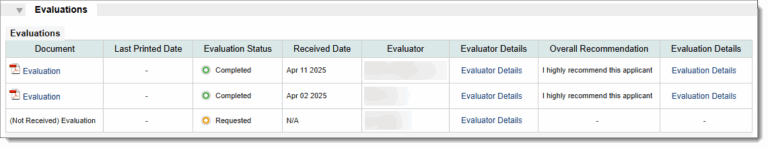 Screenshot of Evaluations panel