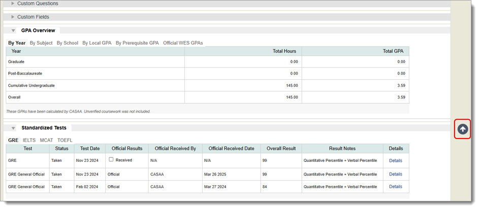 Screenshot of interface with Jump to Top button highlighted