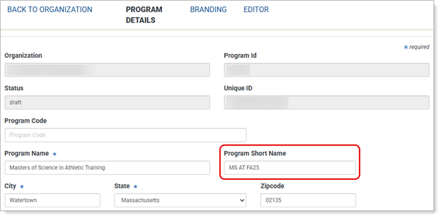 Screenshot highlighting the Program Short Name field