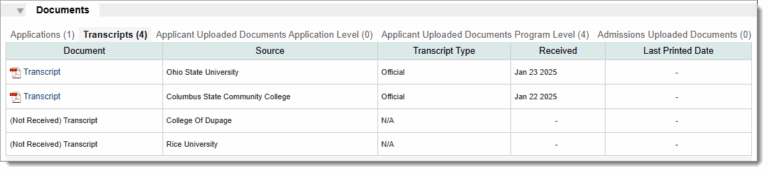 Screenshot of Documents tab