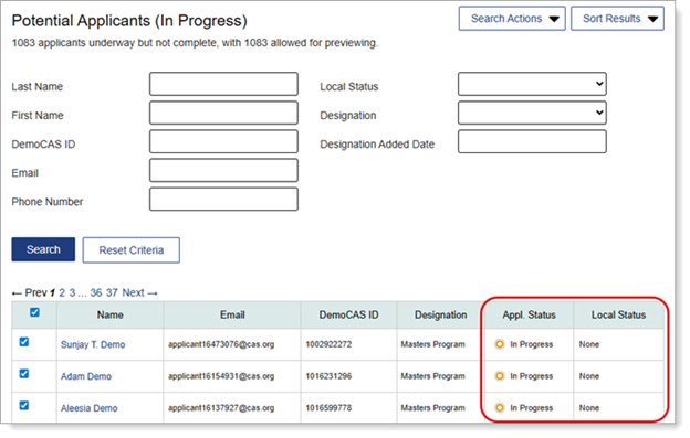 Screenshot of In Progress applications
